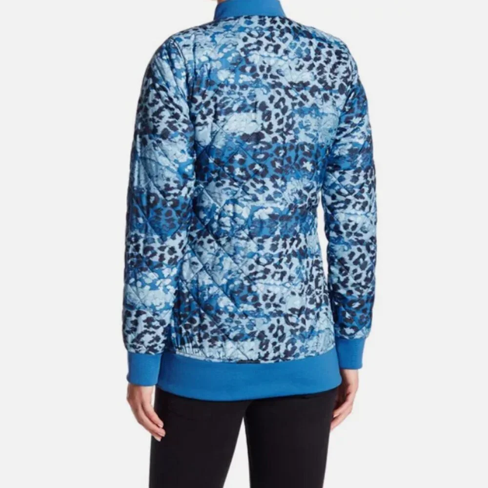 The North Face Anna Quilted Bomber Jacket Womens XS Blue Leopard Print Insulated